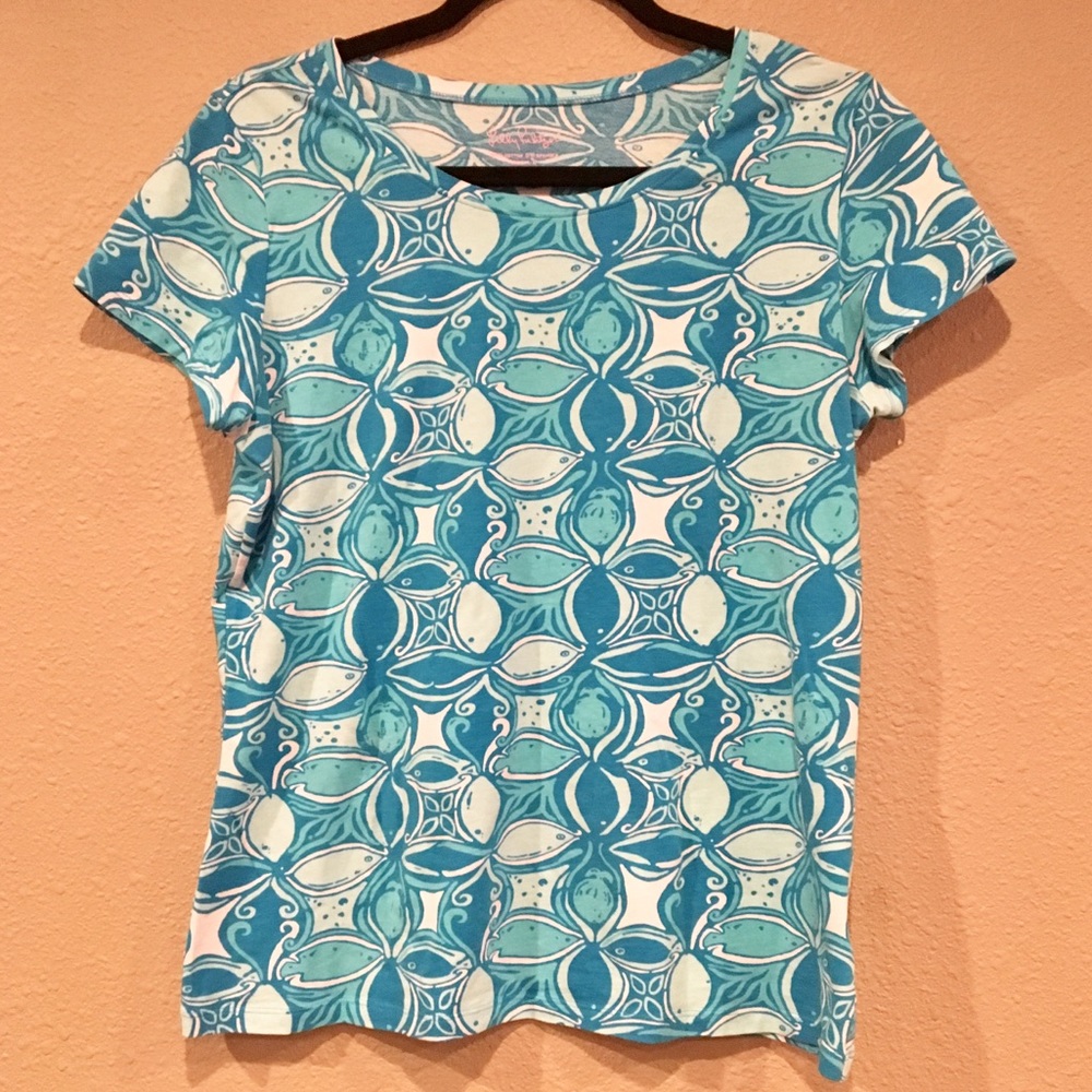 Lilly Pulitzer Turquoise Blue & White Short Sleeve Tee